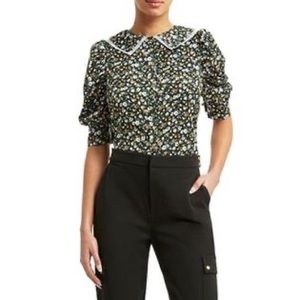 HALSTON Floral Lace Trim Peter Pan Collar Blouse In Floating Ditsy Black  XS